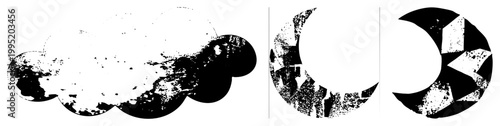 Weather collection featuring cloudy sky and moon, atmospheric symbols, abstract meteorology graphics, textured celestial elements.