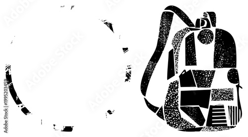 Stylized schoolbag rendered in black halftone dots, fragmented backpack graphic, geometric rucksack illustration, modern vector cutout.