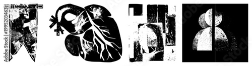 Stylized graphic symbols including anatomical heart, abstract person silhouette, geometric layout, and ribbon banner ideal for print or digital interfaces using dot matrix texture.