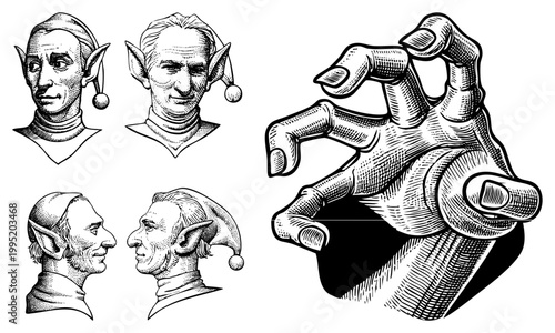 Elven portrait collection featuring jester hatted figures, pointy eared humanoid busts, race illustrations, medieval whimsical characters, engraving style character designs.