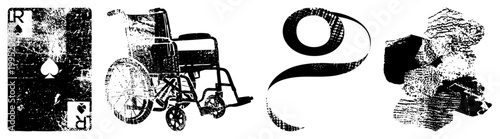 Distressed vector symbols including ace of spades, mobility chair, abstract swirl glyph, and craggy rock ideal for edgy branding or punk themed designs.