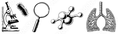 Educational science microscope, loupe, molecular model, pulmonary system ideal for biology/medical use. anatomical sketch, microbiology tools.