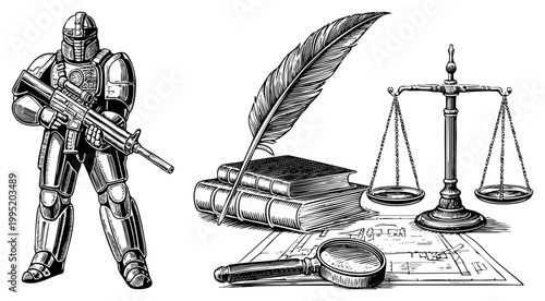 Heavily armored combatant holding assault rifle next to juridical scales of justice, feather quill, law books, magnifier. tactical trooper, legal enforcement.