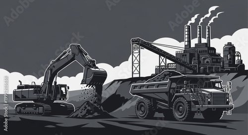 Construction Excavator and Bulldozer Working on Site.