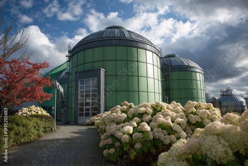 Modern industrial silos with blooming hydrangeas under a dramatic sky