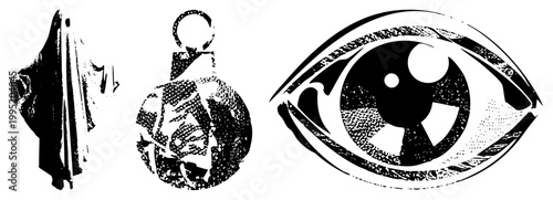Graphic eye featuring nuclear hazard symbol iris, spectral figure silhouette, abstract glyph emblem symbolic for surveillance, dystopia, or sci fi themes. Isolated, cutout, rgba