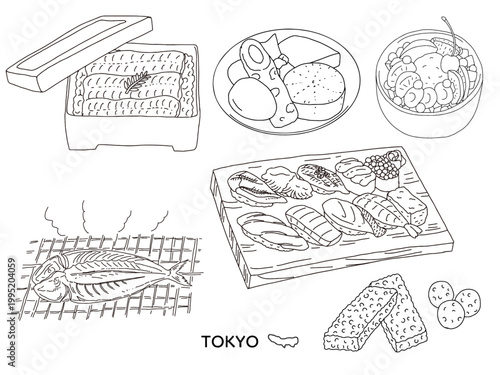 東京の和食グルメセット｜寿司・うな重・おでん・あんみつ・干物など日本の伝統料理と甘味のイラスト