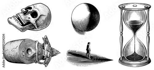 Classical engraved illustration featuring human, sand timer, celestial orb, and lone pedestrian also known as anatomical etching, mortality motif, or memento mori graphic.