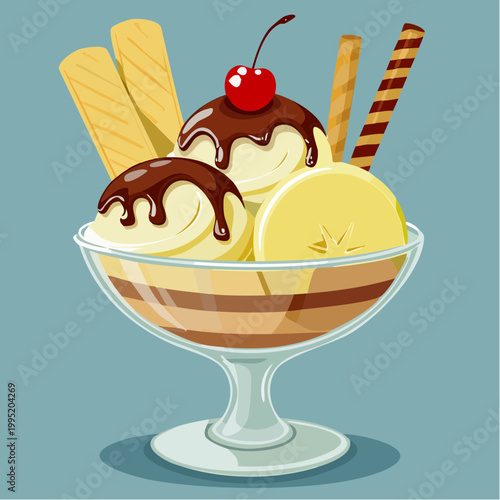 Delicious Ice Cream Sundae with Chocolate and Cherry