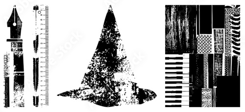 Worn sorcerer’s cap, weathered pointy hat, mystical headwear for cosplay or costume design, gothic accessory, occult symbol, dark.