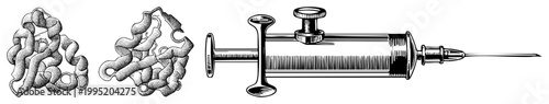 Medical syringe illustration with intricate ribbed barrel and calibrated plunger, also known as hypodermic injector or clinical dosing tool, alongside stylized protein folds or enzymatic models.