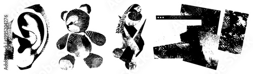 Stylized halftone graphic set featuring human ear, plush toy bear, geometric abstraction, UI component also known as rasterized vector art or stippled.