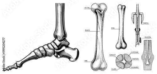 Medical diagram showing foot skeletal structure, tarsal bones, metatarsal bones, plantar view, anatomical study, orthopedic reference.