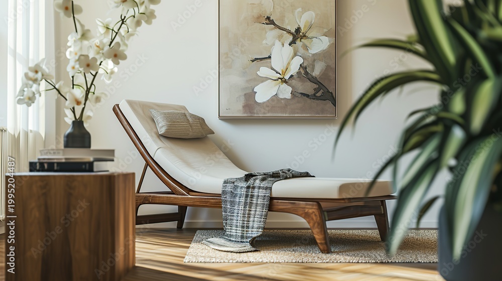 Fototapeta premium Bright Neutral Living Room Scene Featuring a Mid-Century Lounge Chair and Botanical Artwork