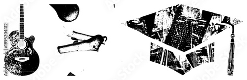 Halftone graduation mortarboard with tassel, distressed acoustic guitar silhouette, fragmented abstract forms ideal for edu graphics or indie design projects.