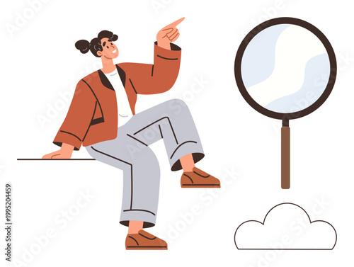 Search engines, curiosity, problem-solving, innovation, exploration, cloud computing. A person pointing upward near a magnifying glass and cloud. Search engines and curiosity concept