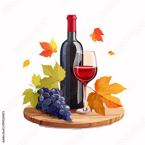 水彩画で描かれた赤ワインとぶどうのイラスト