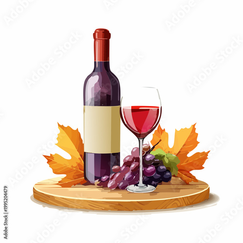 水彩画で描かれた赤ワインとぶどうのイラスト