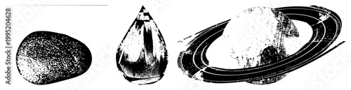 Grayscale halftone style illustrations depicting natural elements stone, dewdrop, and celestial body with planetary rings. Alternate names stippled, dot matrix graphics, retro print motifs.