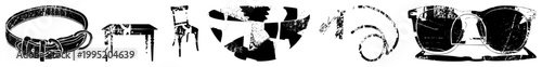 Distressed vectors pet collar, desk, chair, geometric fragments, swirls, eyewear ideal for edgy branding or urban design. Also weathered glyphs, rugged.