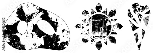 Rugged stencil designs featuring weathered, abstract silhouettes, decayed graphics, urban street art motifs, and fragmented visual elements.