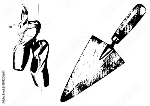 Masonry trowel and dance footwear depicted in halftone graphic style, construction tool paired with performance wear, artisanal craft meets theatrical artistry.