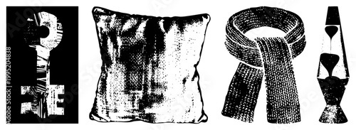 Black and white halftone illustrations of vintage household objects cushion, neckwear, liquid motion lamp, and geometric print. Ideal for retro themed designs or nostalgic branding.