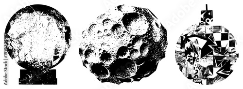 Abstract moon or asteroid illustrations using dot matrix, stippling, and fragmented mosaic cosmic objects, planetary forms, space rock graphics.