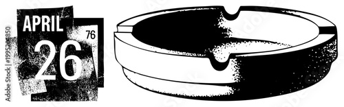 Retro cigarette ashtray paired with distressed calendar page, 1970s ephemera, vintage smoking accessory, halftone print design, retro decor element.