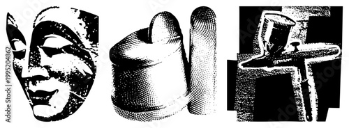Stylized drama mask, bowler hat, smoking pipe in high contrast halftone for print/digital use.
