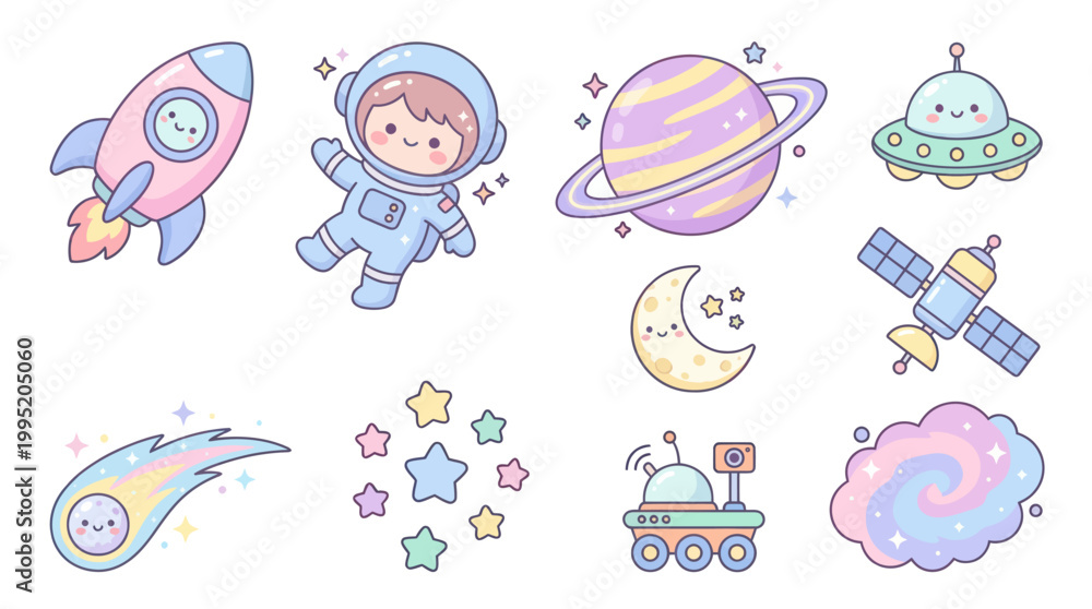 Fototapeta premium Cute Kawaii Space Elements Vector Set with Astronaut, Rocket, Planet UFO Icons