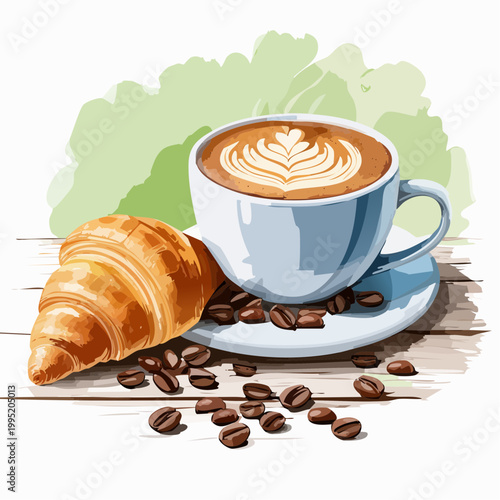 水彩画で描かれたコーヒーとクロワッサンのイラスト