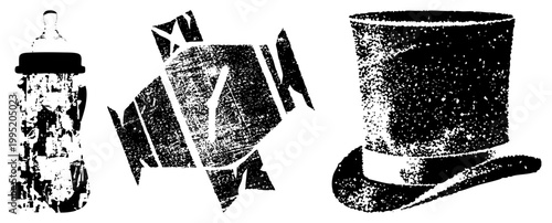Grunge style vector illustrations featuring infant feeding bottle, broken pane, and formal headwear also known as stippled glyphs or distressed cutouts.