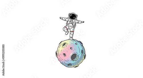 Astronaut on a colorful moon surface.
