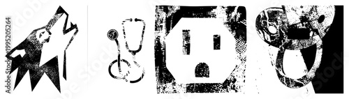 Grayscale halftone glyph depicting wildlife symbol, medical tool, power socket, security lock stylized cutouts for UI, branding, or print design.