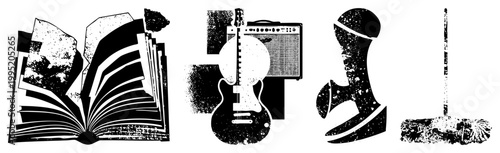 Distressed symbols open book, guitar amp, headless mannequin, mop punk/indie/retro branding. Alt stenciled, punk vectors.