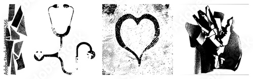 Healthcare symbols including stethoscope, cardiac heart, and anatomical hand rendered in halftone texture diagnostic, clinical, or wellness themed vector graphics.