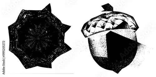 Stylized acorn and geometric starburst symbols rendered in halftone dot, graphic design elements, vector illustrations,, print ready assets.