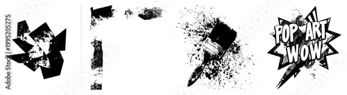 Distressed ink splatter visuals, halftone comic burst elements, street art style graphics, urban design motifs, retro poster aesthetics.