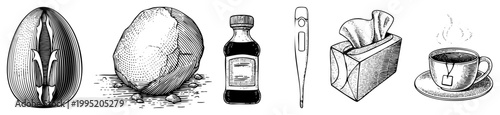 Retro health symbols cracked egg, syrup bottle, thermometer, tissue box, tea cup for apothecary, herbalism, or vintage pharmacy. Also engraved wellness graphics, medical art.