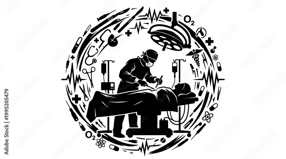 Fototapeta premium Medical Surgery Operation Silhouette: Surgeon Patient in Circular Healthcare Design