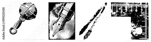 Retro halftone illustration of stationery tools including dip pen, quill nib, drafting tweezers, and L square ruler ideal for graphic design, print, or vintage branding.