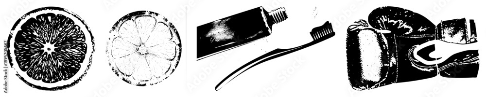 Obraz premium Stylized black and white fruit sections, hygiene tools, and athletic gear rendered as graphic cutouts also known as stippled or ink dot visuals.