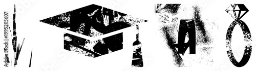 Distressed educational symbols including mortarboard, grain sprig, engagement band, and typographic glyph vintage college motifs, retro scholastic emblems.