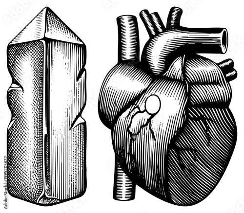 Human cardiac organ illustration paired with mystical crystal pillar, medical diagram meets esoteric symbol, anatomical art, engraved anatomy, occult.