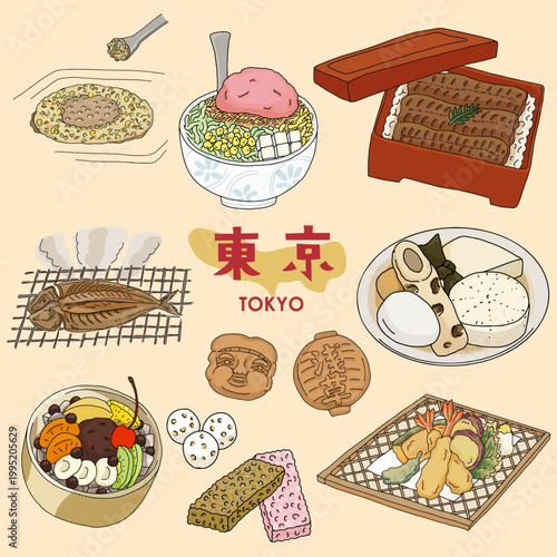 東京の和食グルメイラストセット｜天ぷら・うな重・おでん・もんじゃ焼き・甘味など日本の人気料理と伝統文化モチーフ
