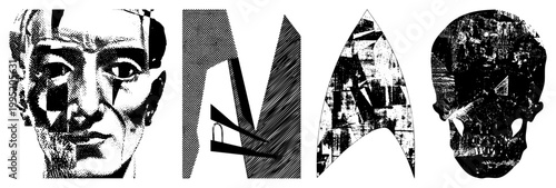 Stylized halftone illustrations featuring fragmented human face, angular glyphs, and skull motif grainy dot matrix art, stippled vector graphics, low res digital aesthetic.