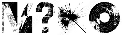 Rugged letterform V, distressed question mark symbol, explosive ink blot, concentric target motif edgy typographic elements for punk, streetwear, or urban branding aesthetics.