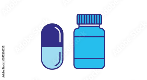 Blue medical capsule and bottle