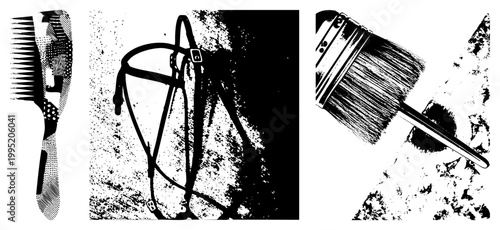 Black and white graphic trio featuring comb, horse bridle, and paintbrush rendered in halftone style ideal for vintage design, print, or digital.